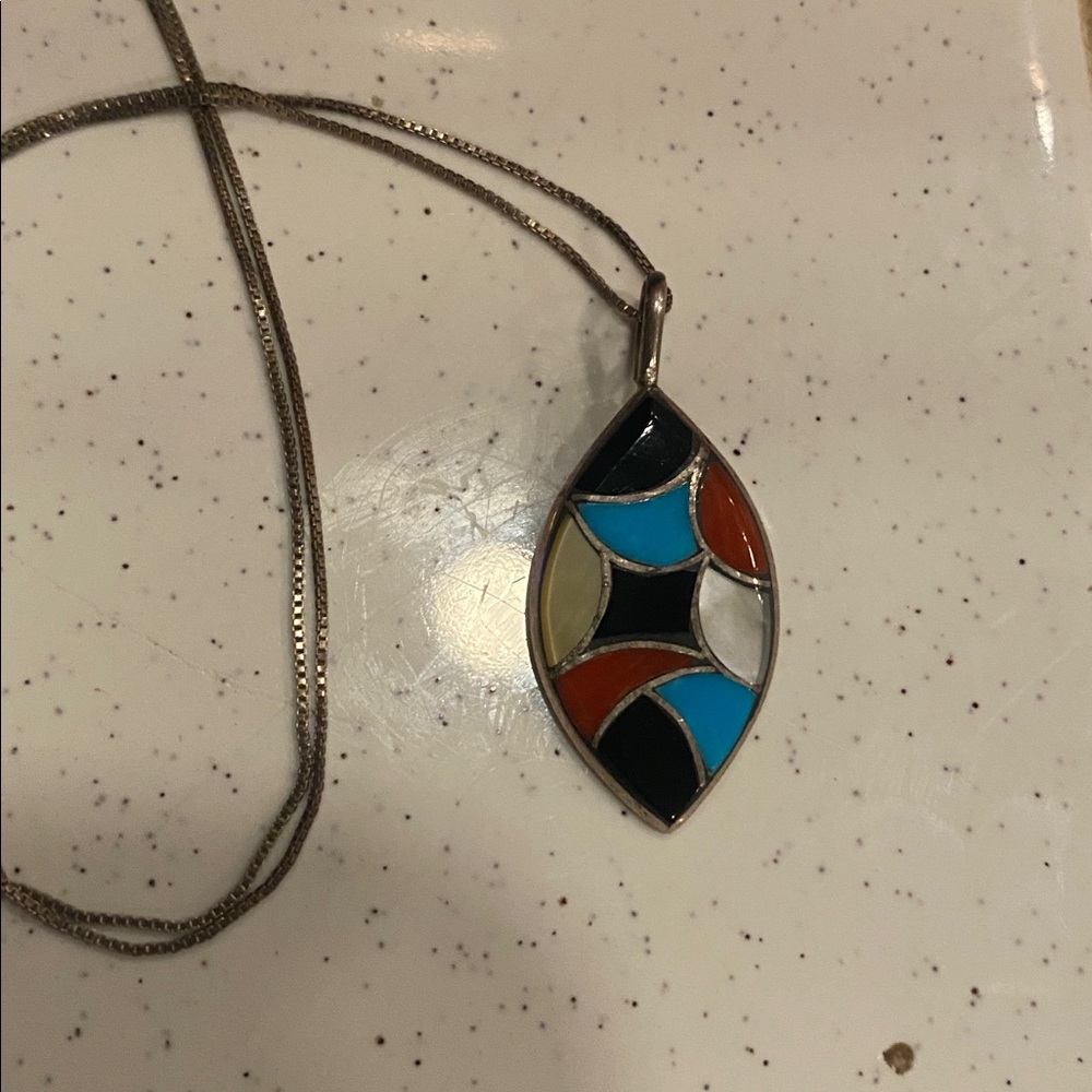 Native American Zuni teardrop onyx,coral mother of pearl turqoise inlay necklace